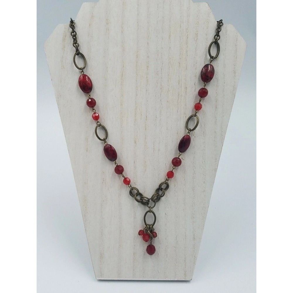 Chico's Red Beaded Y-Necklace Antique Bronze Tone Fashion Jewelry Statement